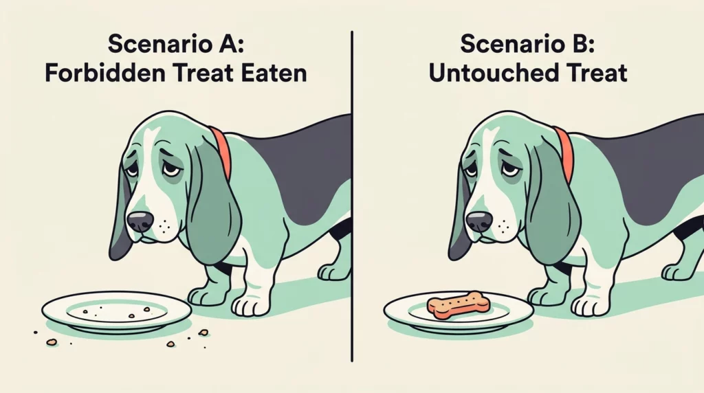 Split-panel illustration showing a dog looking guilty both when a treat is eaten and when it is untouched, proving the look is a reaction to human anger.