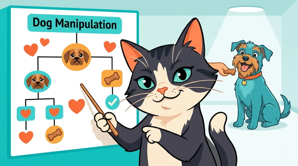 Witty illustration of a cat pointing to a flowchart showing how a dog's sad eyes manipulate humans into giving them treats.