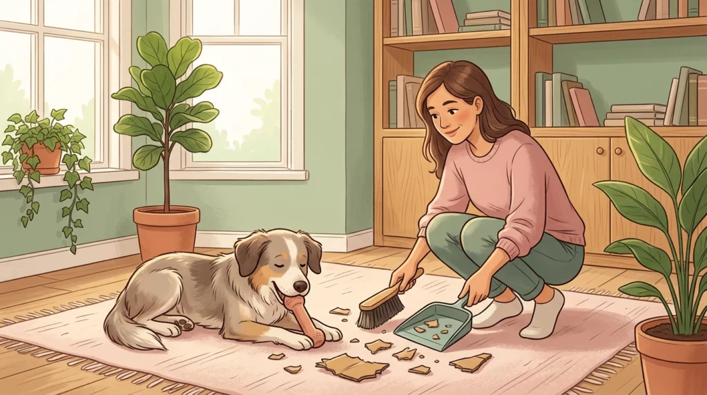 Charming storybook illustration of a pet owner calmly sweeping up torn cardboard while their dog happily chews on a rubber toy.