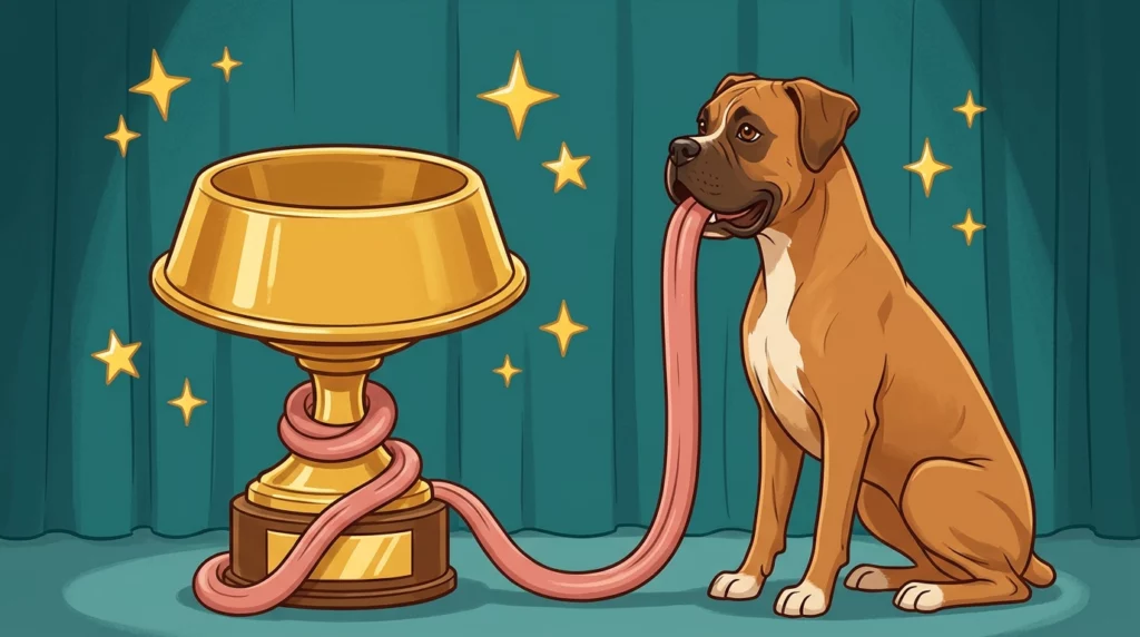 An illustration of a proud Boxer dog next to a trophy, with its incredibly long tongue draped playfully around the base.