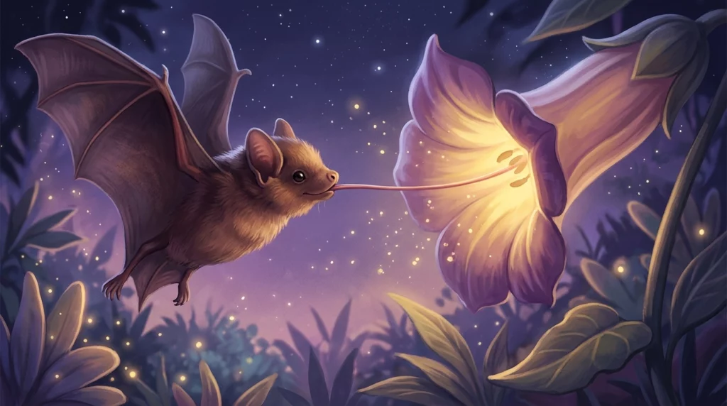 A warm storybook illustration of a tiny nectar bat extending a remarkably long, thread-like tongue into a glowing night-blooming flower.