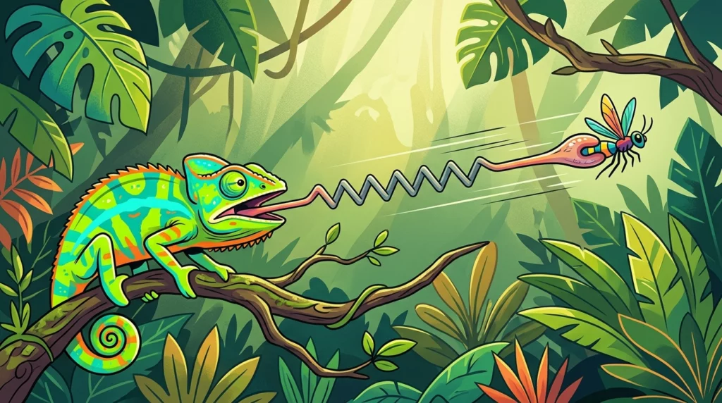A dynamic vector illustration of a chameleon mid-strike, its long tongue fully extended across the frame toward a small bug.