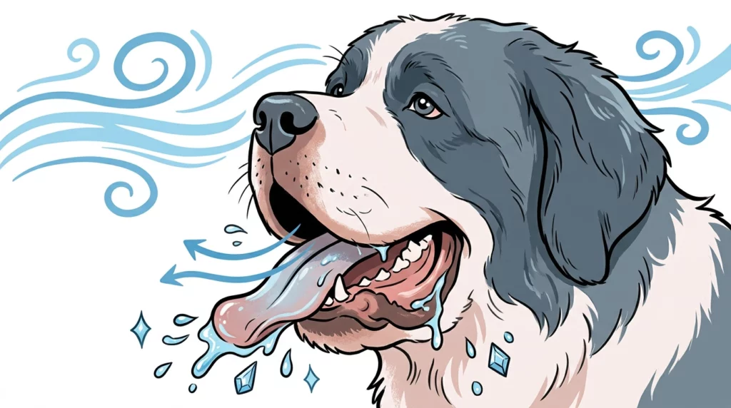A playful graphic illustration explaining how a dog's jowls and long wet tongue help them cool down by panting.