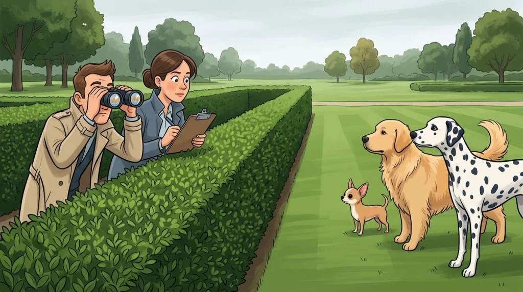 A playful illustration of researchers hiding behind a hedge to observe several different dog breeds standing in perfect alignment.