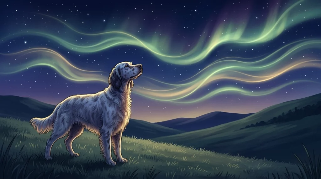 A charming storybook illustration of an English Setter looking up at calm, glowing green and gold magnetic field ribbons waving in a starry night sky.