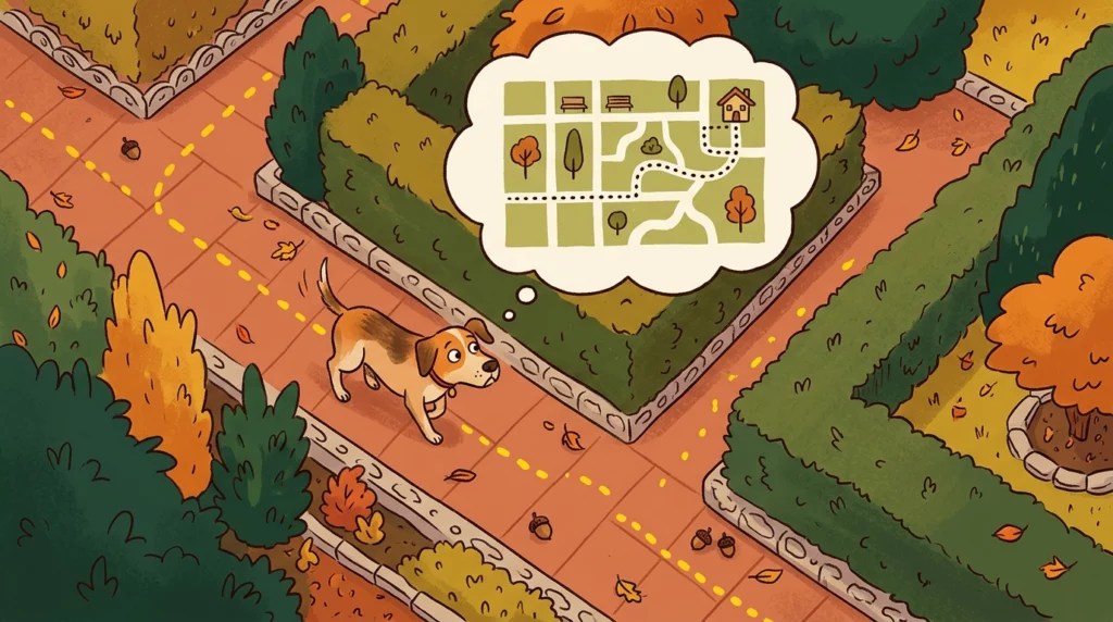 A playful illustration of a dog walking through a garden path with a thought bubble showing an abstract dotted map, symbolizing its internal navigation system.