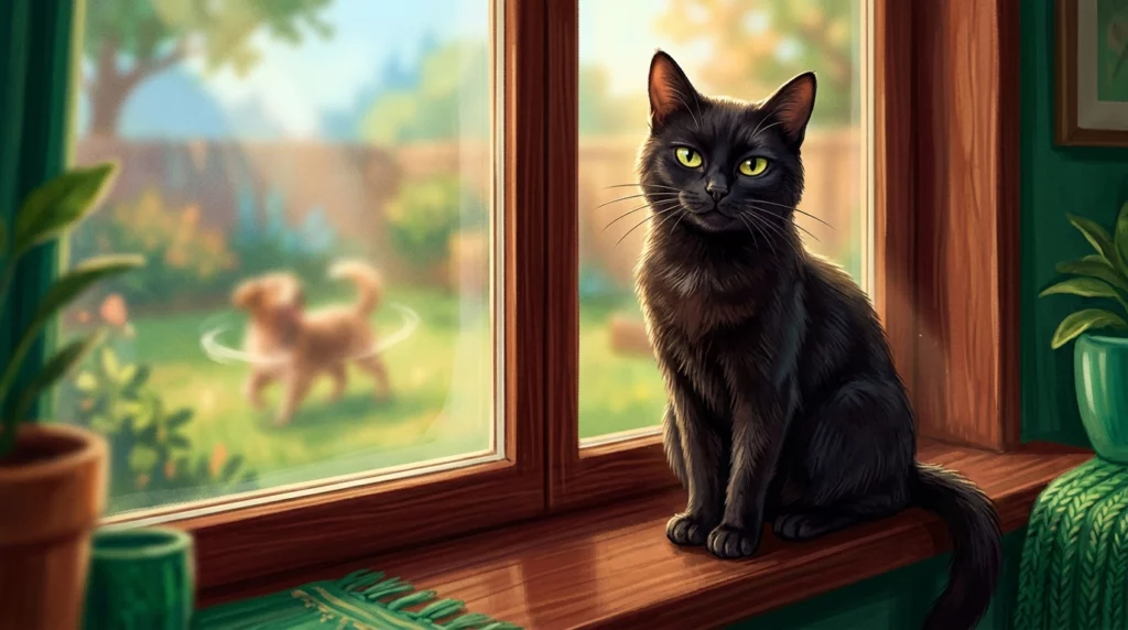 A cozy storybook illustration of a regal black cat sitting on a windowsill, looking knowingly at the viewer while a dog spins on the lawn in the background.