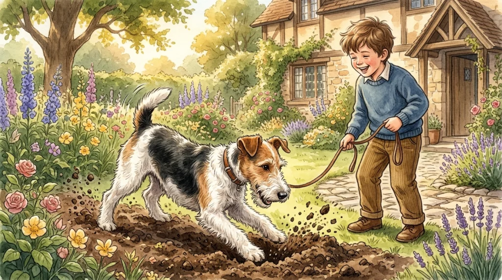 A warm storybook-style illustration of an energetic tri-colored Wire Fox Terrier digging in a beautiful cottage garden.