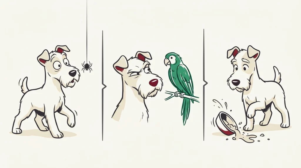 A playful comic-style illustration depicting a white terrier reacting to a spider and a parrot.