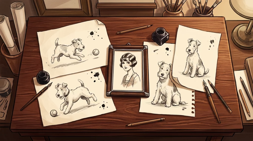 A playful illustration of a vintage artist desk with sketches of a white terrier and a framed retro photo.