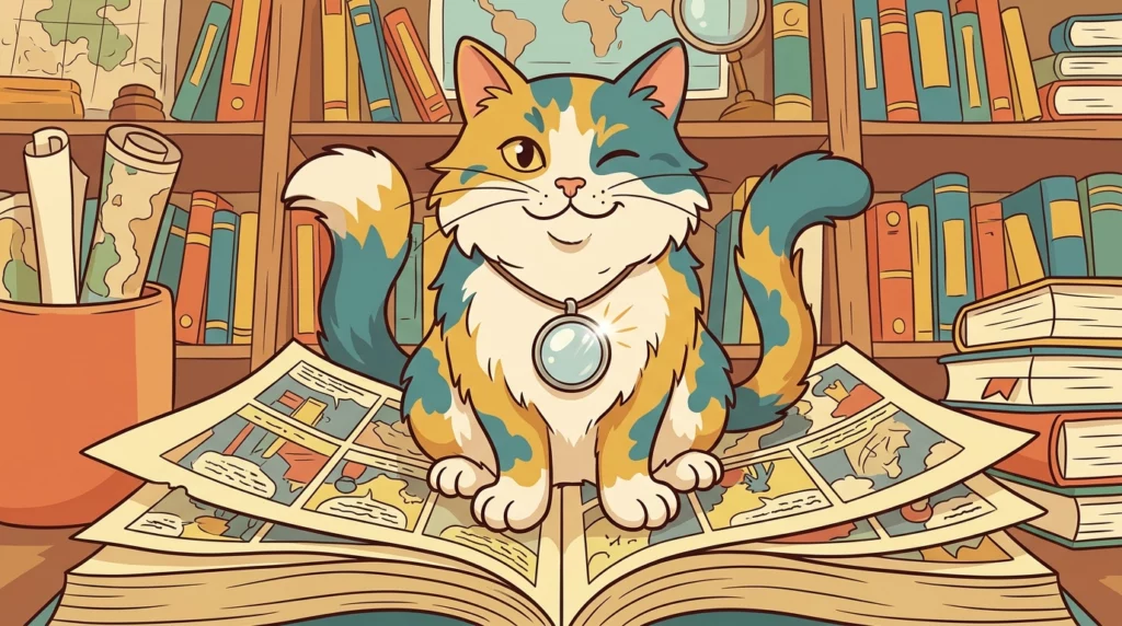 A playful editorial illustration of Yuna the cat sitting on top of a vintage comic book wearing a miniature magnifying glass.