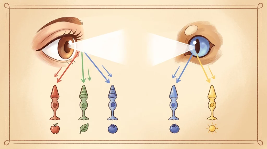 Warm storybook visual comparing trichromatic human cone photoreceptors with dichromatic canine cones.