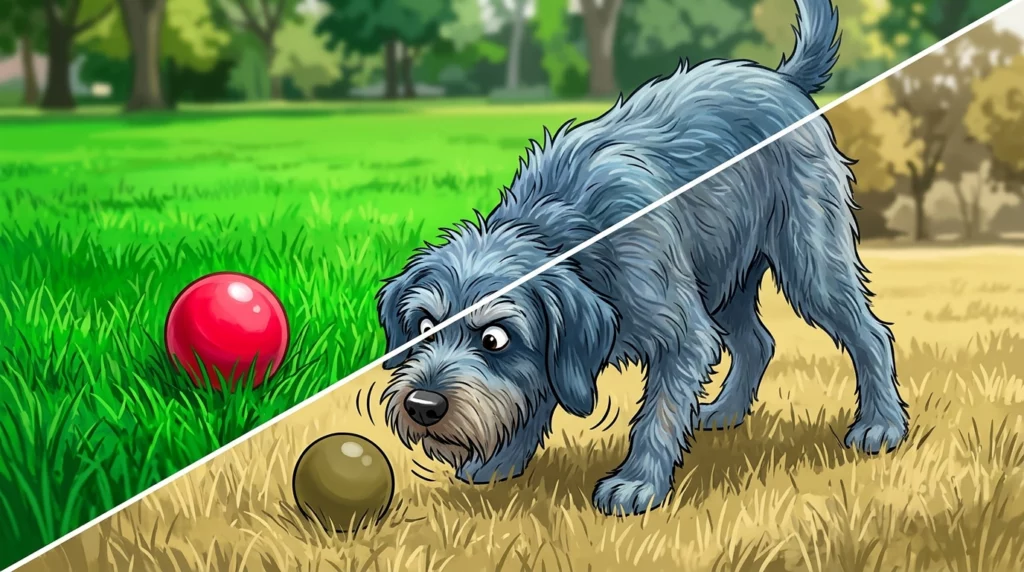 Illustration showing how a red ball on green grass appears bright to humans but blends into dull olive tones for a dog.