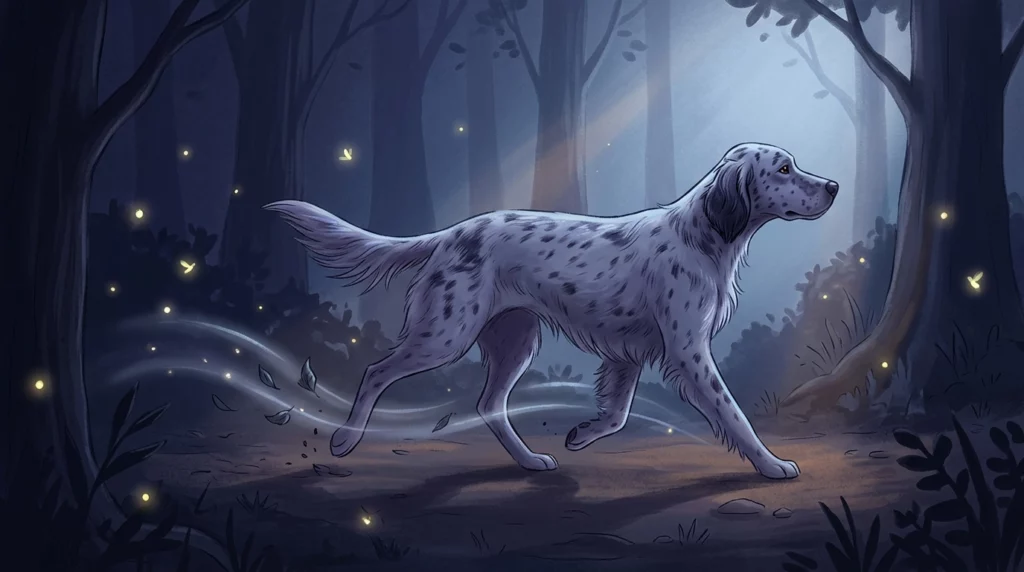 Storybook illustration of an English Setter navigating effortlessly through dusk, showcasing enhanced low-light vision.
