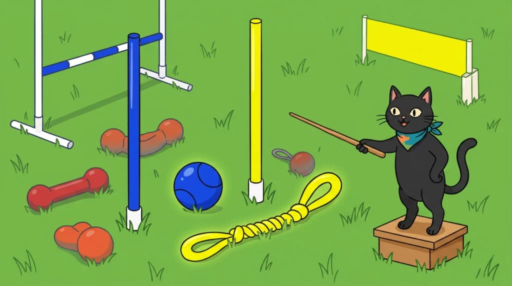 Editorial illustration displaying dog toys and agility markers in bright blue and yellow hues that contrast best for canine eyes.