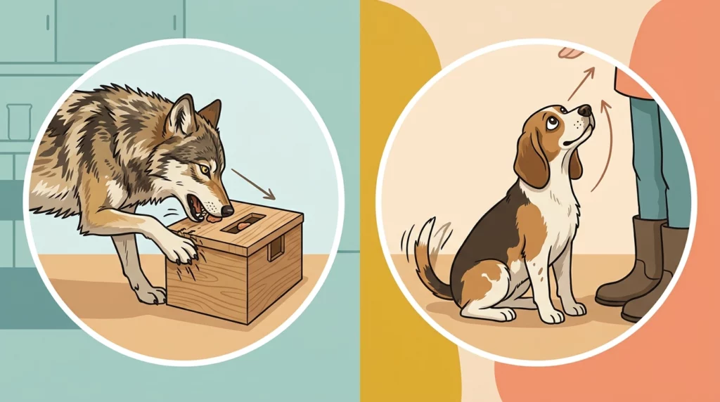 Editorial illustration comparing a wolf frantically trying to open a puzzle box alone and a dog looking to a human for help.