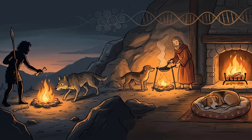 Illustration showing the evolutionary shift from wild canines sharing ancient campfires to domesticated dogs in modern homes.