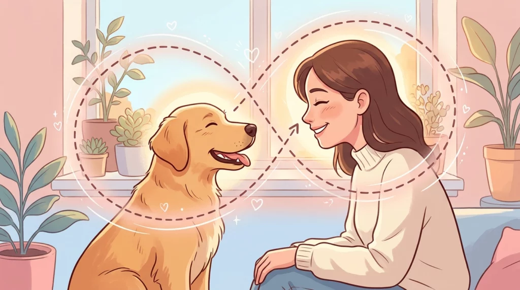 Playful illustration showing the oxytocin eye-contact loop flowing between a person and their dog.