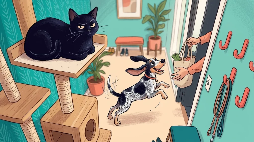 Playful visual from a cat's perspective looking down at a dog ecstatically greeting a human at the front door.